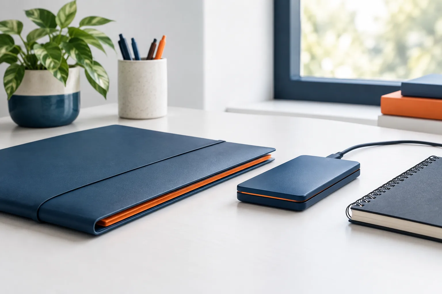 Backup storage device beside a closed folder and notebook on an office desk.