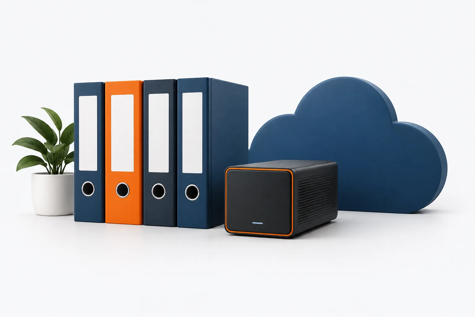 Organized folders and a storage device arranged to represent business data backup and recovery.