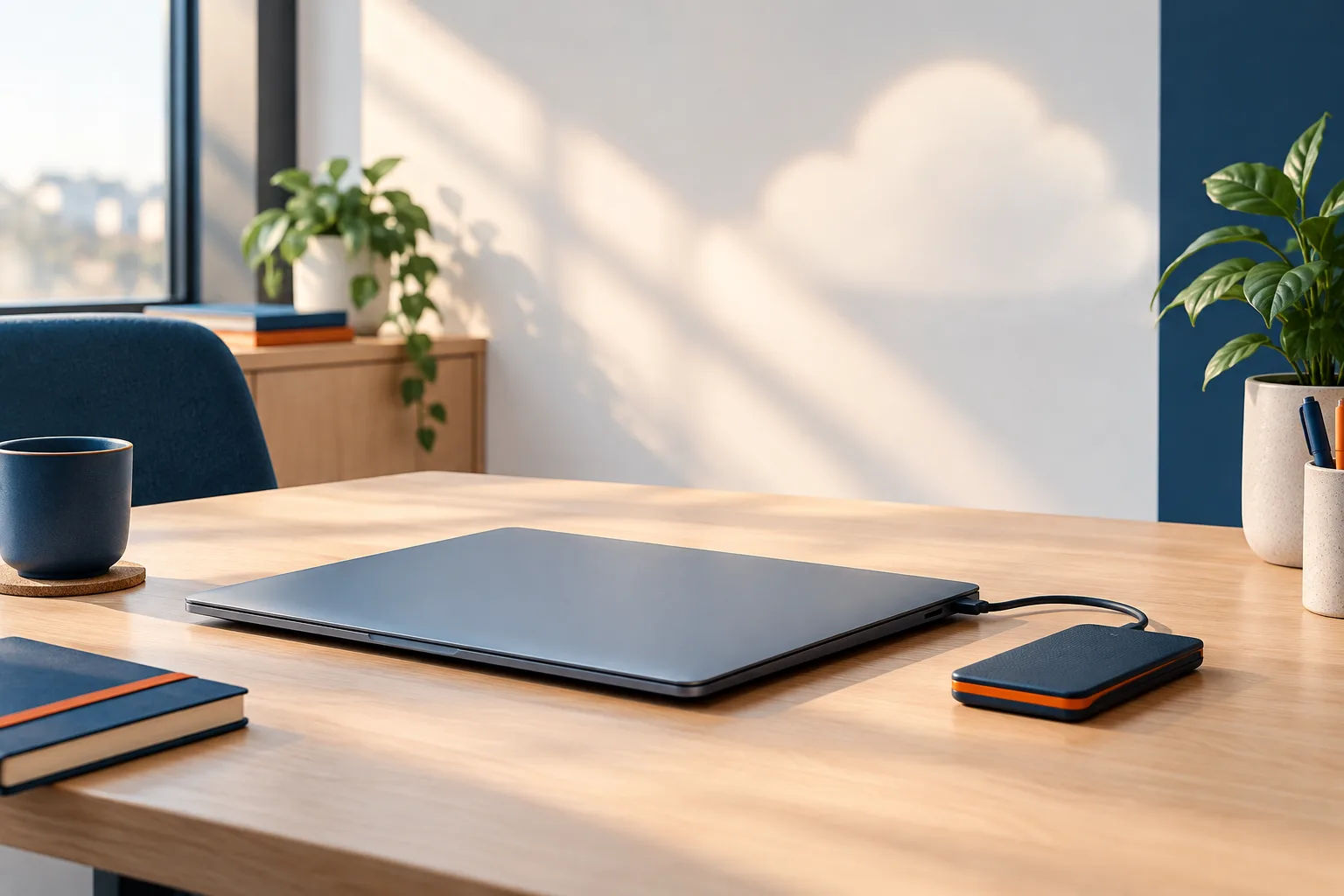 A closed laptop and storage device on a tidy office desk with soft light suggesting cloud data.