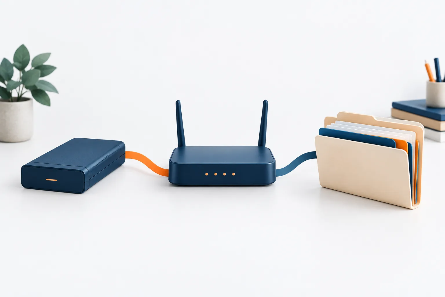 A storage device, network router, and folder arranged to represent business recovery planning.