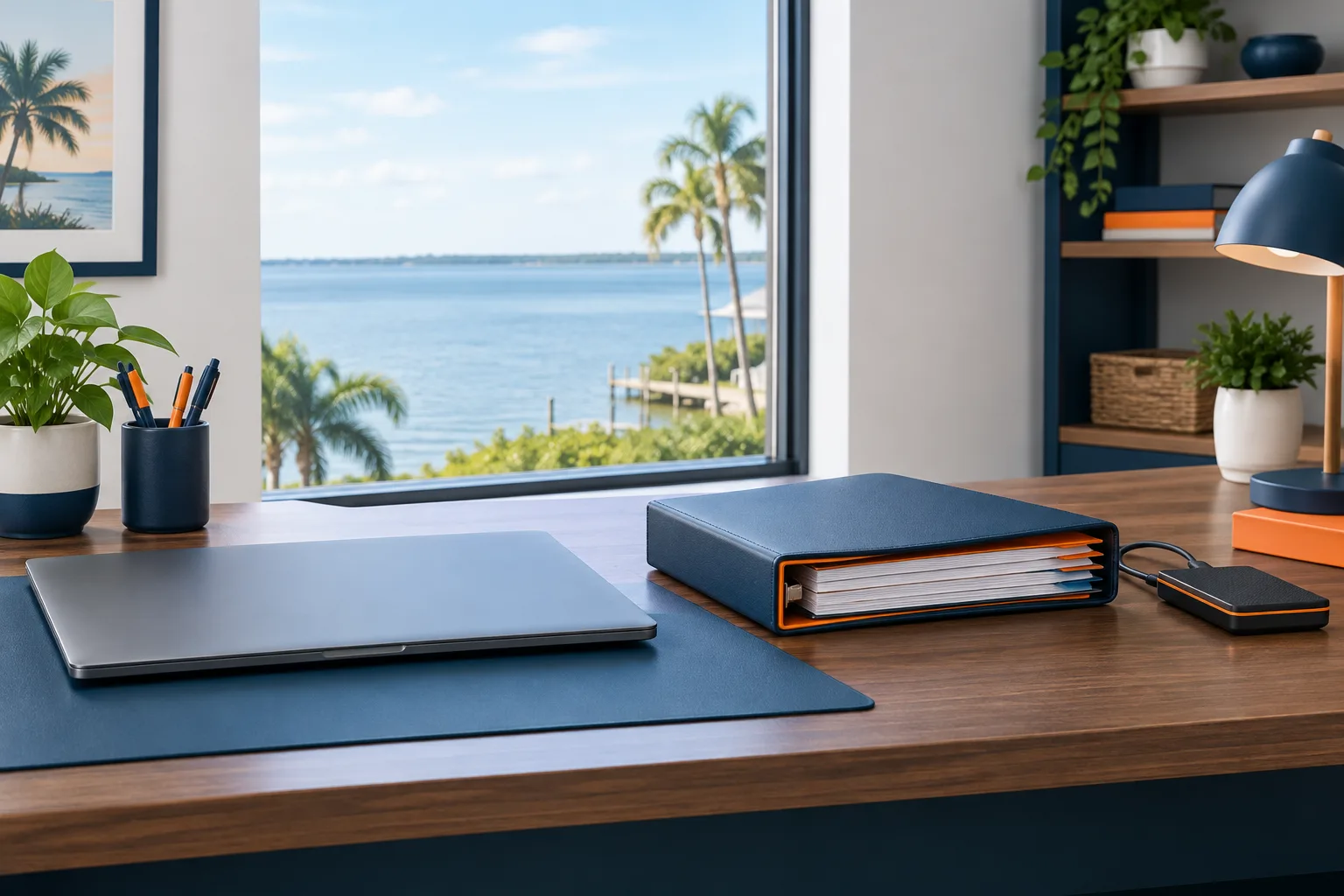 An organized office desk with a closed laptop, recovery binder, and backup storage device.